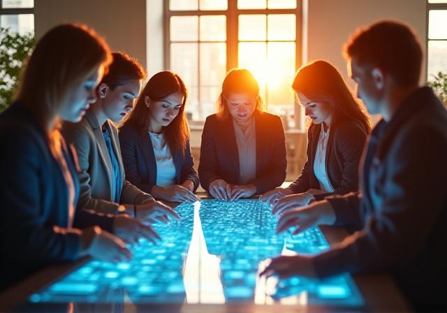 Team of diverse professionals collaborating in a high-tech workshop setting